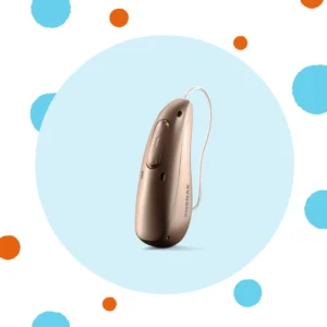 A Phonak hearing aid sits on a blue background. 