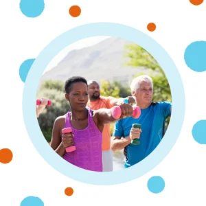 Older people take an exercise class. 