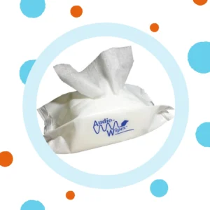 Hearing aid wipes sit on a white background. 