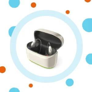 Phonak Sphere Infinio hearing aids sit in their charging case. 