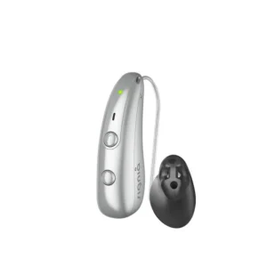 A silver hearing aid stands on a white background.