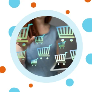 A woman stands and digital images of shopping carts float in front of her.