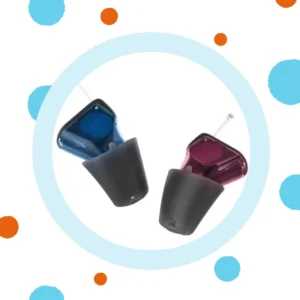Two Signia Siik hearing aids sit on a white background. 