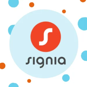 The Signia logo sits on a blue background.