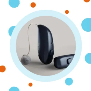 A ReSound Vivia hearing aid stands against a white background. 