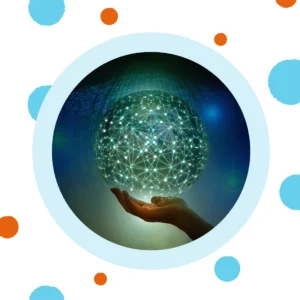 A hand holds a round computer network. 