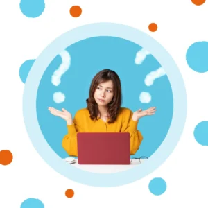 A woman looks contemplative as she holds up two hands.