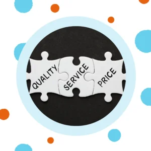 Attached puzzle pieces say, "Quality, Service, Price. 