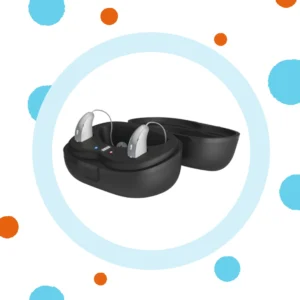 Starkey Edge AI hearing aids sit in a black charging case. 