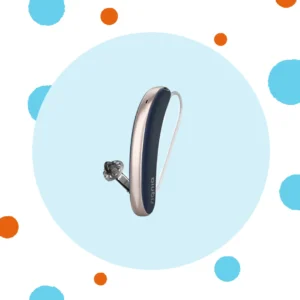 A silver Signia Styletto IX hearing aid sits on a blue background. 