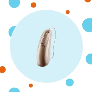 A Phonak Lumity hearing aid sits on a blue background. 