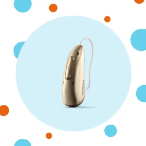 A Phonak Audeo R Infinio hearing aid sits on a blue background. 