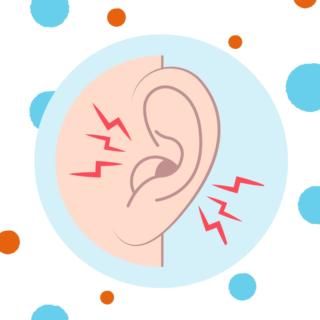 A drawing of an ear has red lightning on either side.