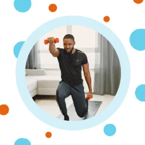 A man lifts small weights while exercising. 