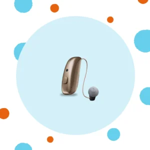 A silver Resound Vivia 9 sits on a blue background. 