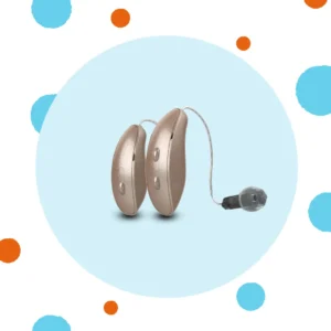 A pair of beige Starkey Edge Ai hearing aids stand on a blue background. 
