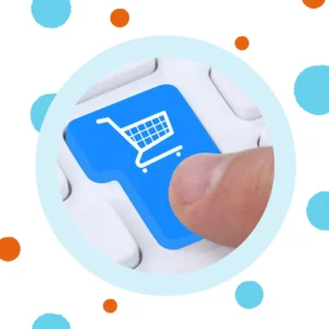 A finger presses a shopping cart button. 