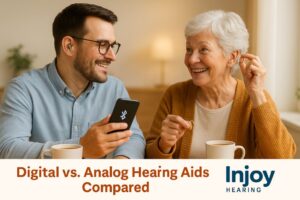 Son and Mother comparing hearing aid options digital vs analog