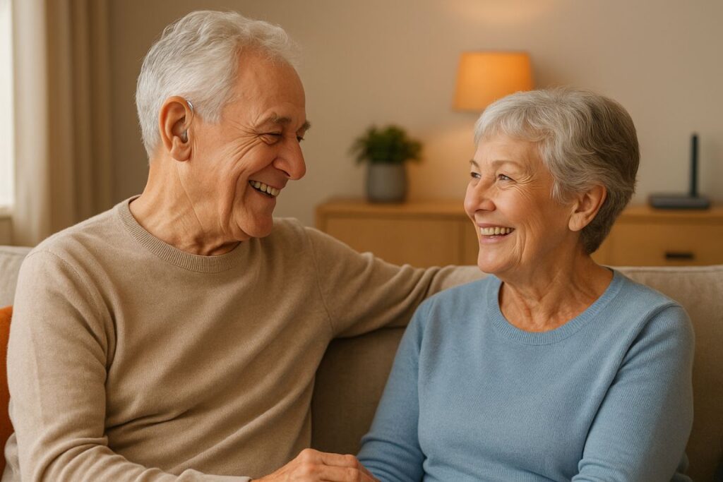 Couple smiling enjoy time together in the living room