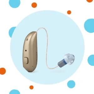 A gold Resound Nexia hearing aid stands against a blue background. 