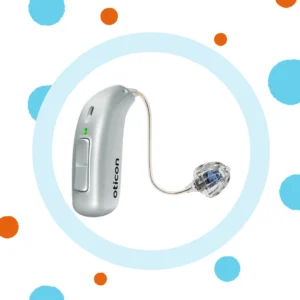 A silver Oticon Real hearing aid stands against a white background. 