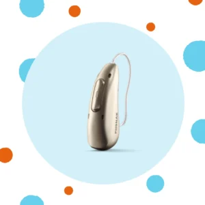 A Phonak R Infinio hearing aid stands on a blue background. 