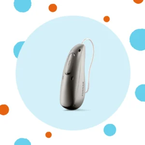 A silver Phonak Sphere Infinio hearing aid stands on a blue background. 