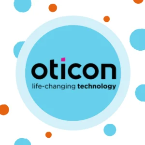An Oticon logo sits on a blue background. 