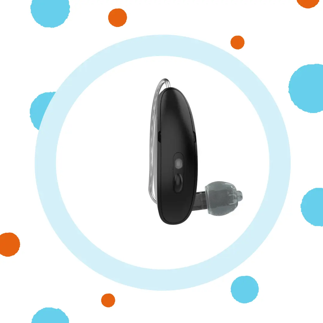 A black Starkey Omega AI hearing aid stands on white background.