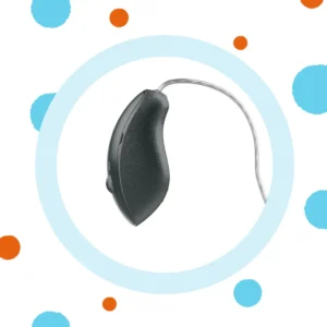A black Starkey Omega AI hearing aid faces to the side. 