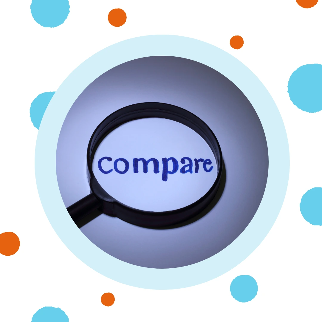 A magnifying glass highlights the word, "Compare."