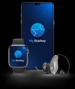 The MyStarkey app shows on a screen next to a Starkey Omega AI hearing aid. 