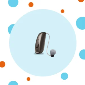 A dark gray Resound Vivia hearing aid stands against a blue background. 
