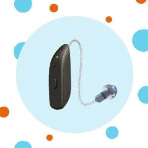 A black hearing aid stands on a blue background. 