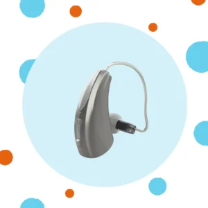 A silver Starkey Evolv hearing aid sits on a blue background. 