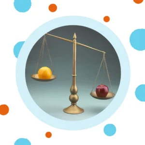 A balance scale shows an orange and an apple, with the orange higher.
