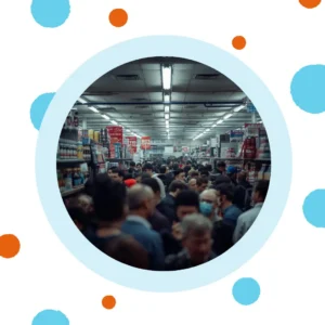 A crowded big box store has dim lighting.