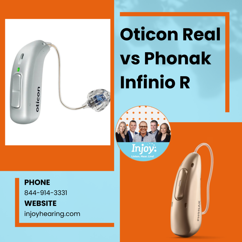 An Oticon Real and an Phonak Infinio stand on an orange background.