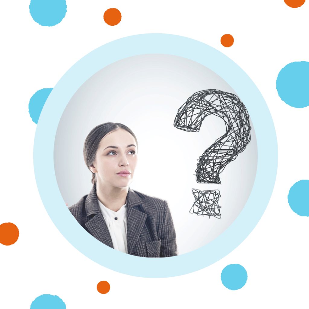 A woman looks up at a large question mark.