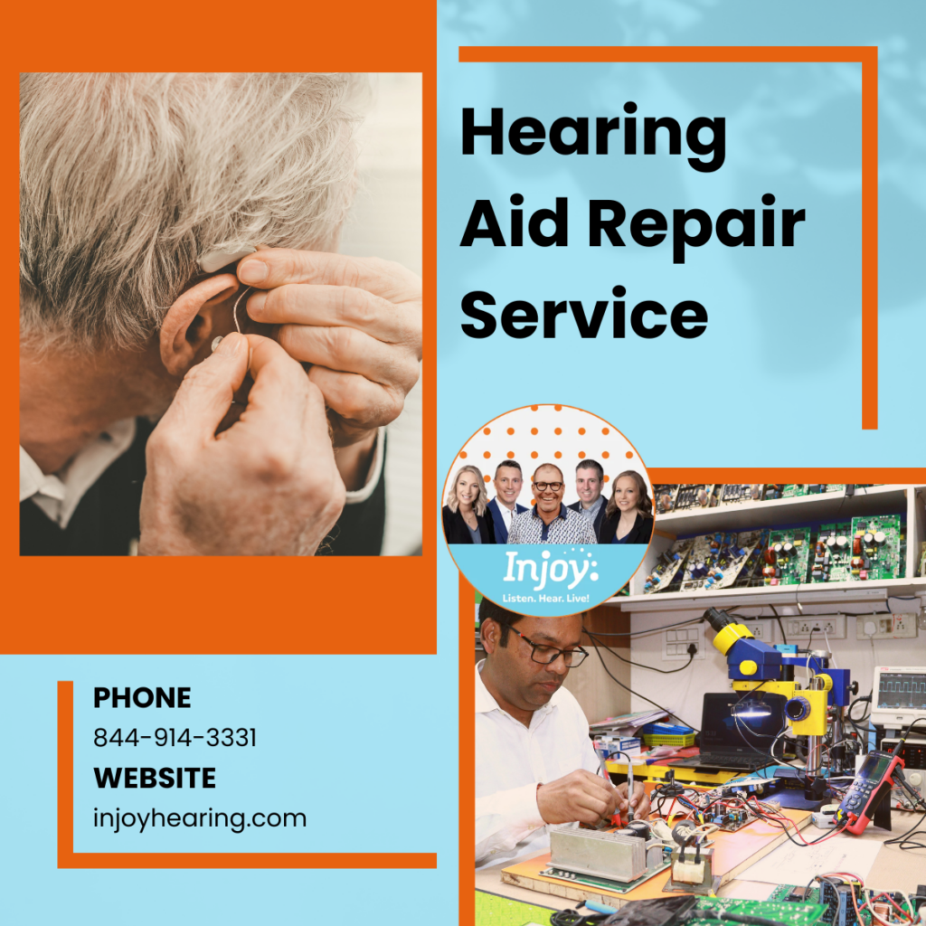 Images of a hearing aid being repaired and being put on sit on a blue background.