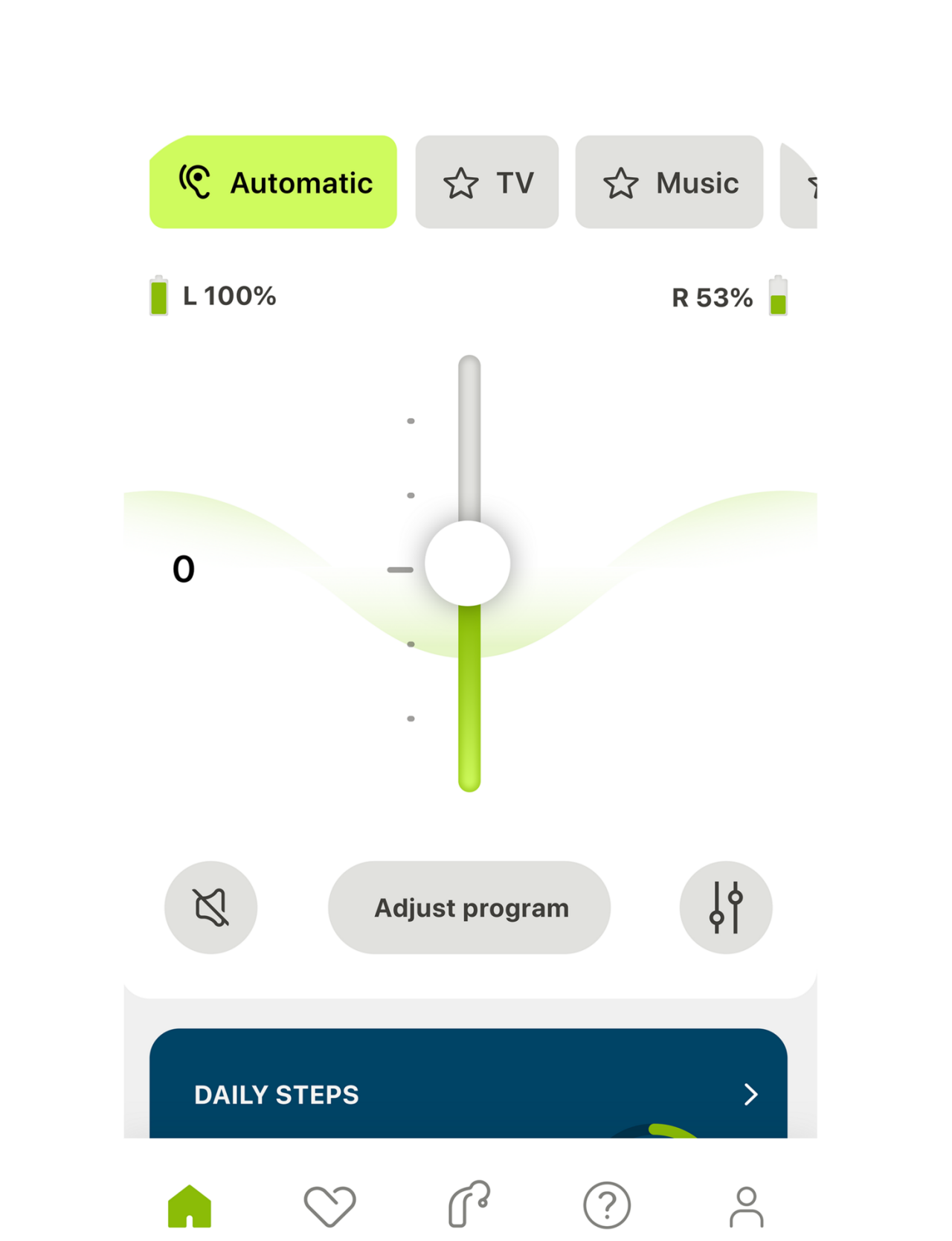 The myPhonak smartphone app screenshot shows volume controls and a step counter.
