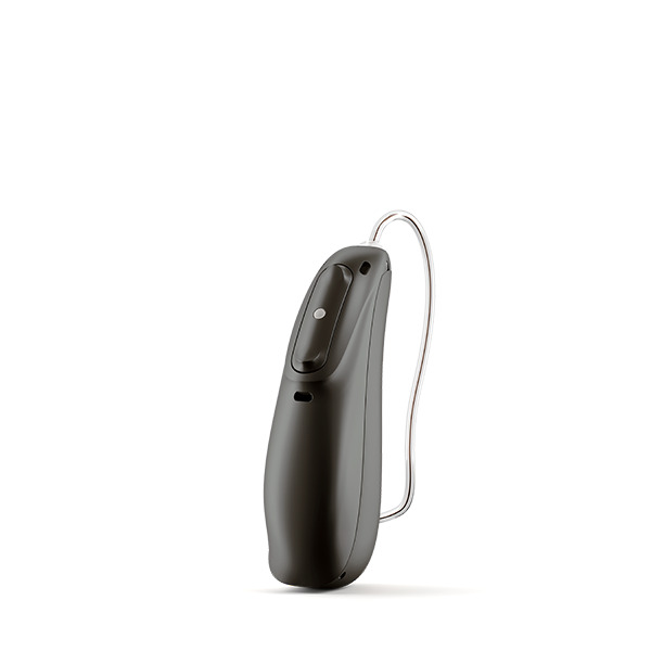 A black Phonak Lumity L70 hearing aid stands on a white background. 