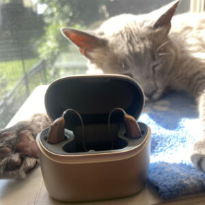 Two Injoy Choice hearing aids in the charger by a cat