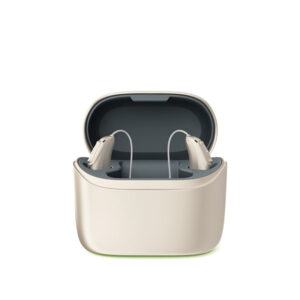 Rechargeable hearing aids in their charging case