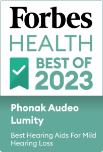 Forbes Health Best of 2023” at the top. At the bottom, each says “Phonak Audeo Lumity” and “Best Hearing Aids.