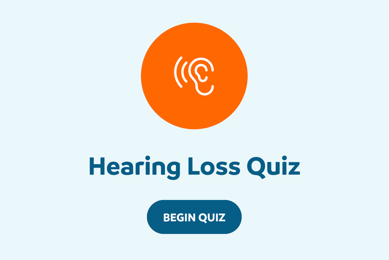 Screenshot of the Injoy hearing loss quiz with a light blue background and a graphic of an ear.