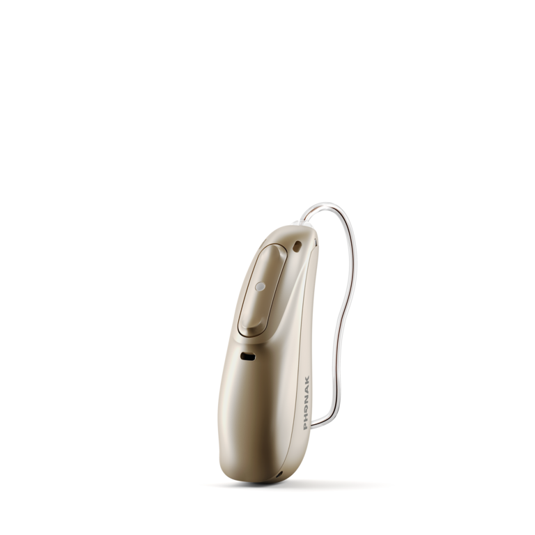 A Phonak Audeo Lumity Life stands against a white background. 
