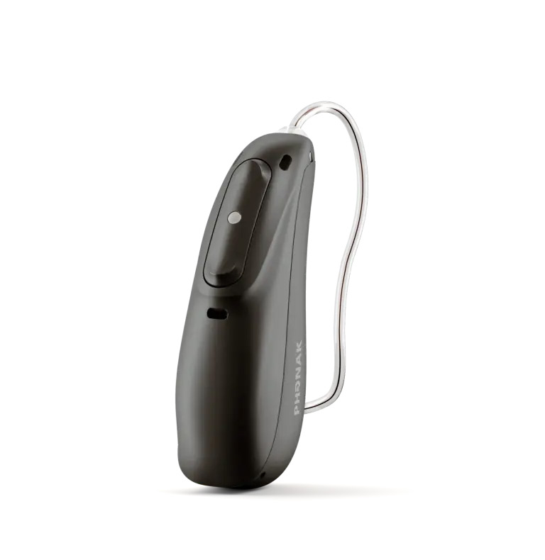 A black Phonak Audeo Lumity hearing aid stands on a white background. 