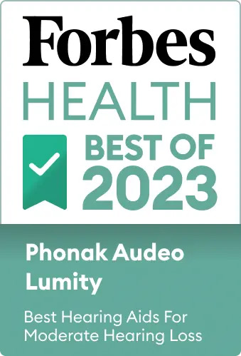 A badge showing that Forbes Health thinks the Phonak Audeo Lumity is the best hearing aid for moderate hearing loss. 