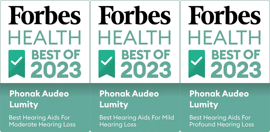 Forbes Health “Best of 2023” badges for the Phonak Audeo Lumity as the best hearing aid. 